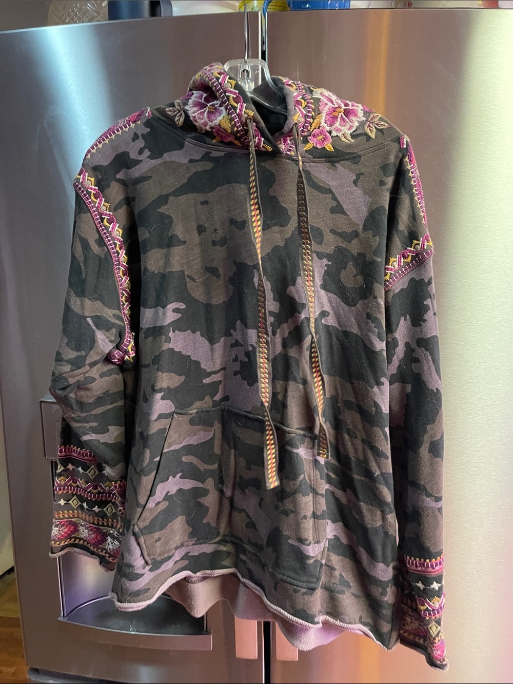 Johnny Was Olive and Pink Camo Hooded Pullover with Embroidered Trim